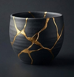 Finished kintsugi bowl with gold repairs