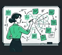 Founder with question marks around a laptop